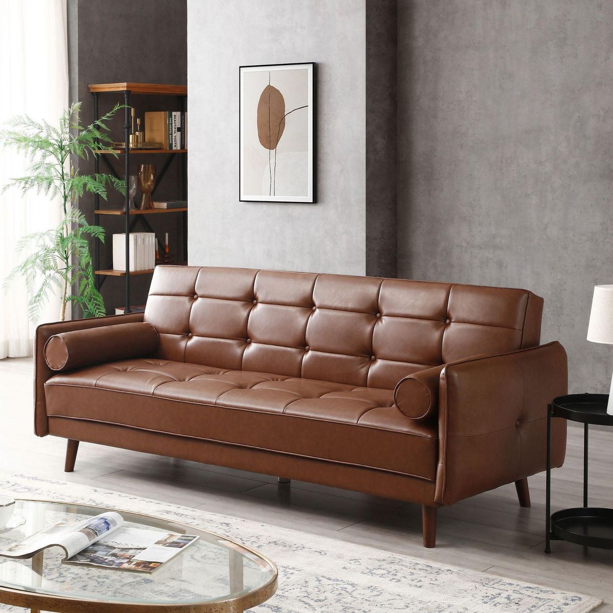 JUST HOME COLLECTION - Sofá Cama Futón 3 Cuerpos + Cojines Decorativos Brooklyn Marrón