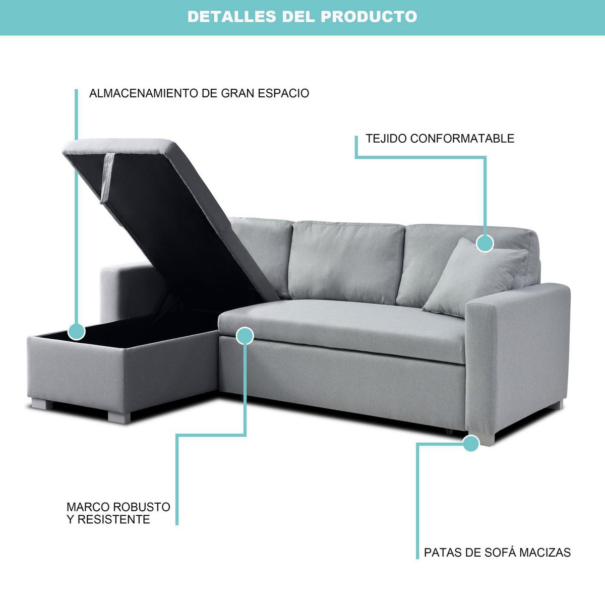 Sofá Cama Seccional 3 Cuerpos con Almacenamiento + Cojines Decorativos Olive Gris, marca JUST HOME COLLECTION - Foto 2