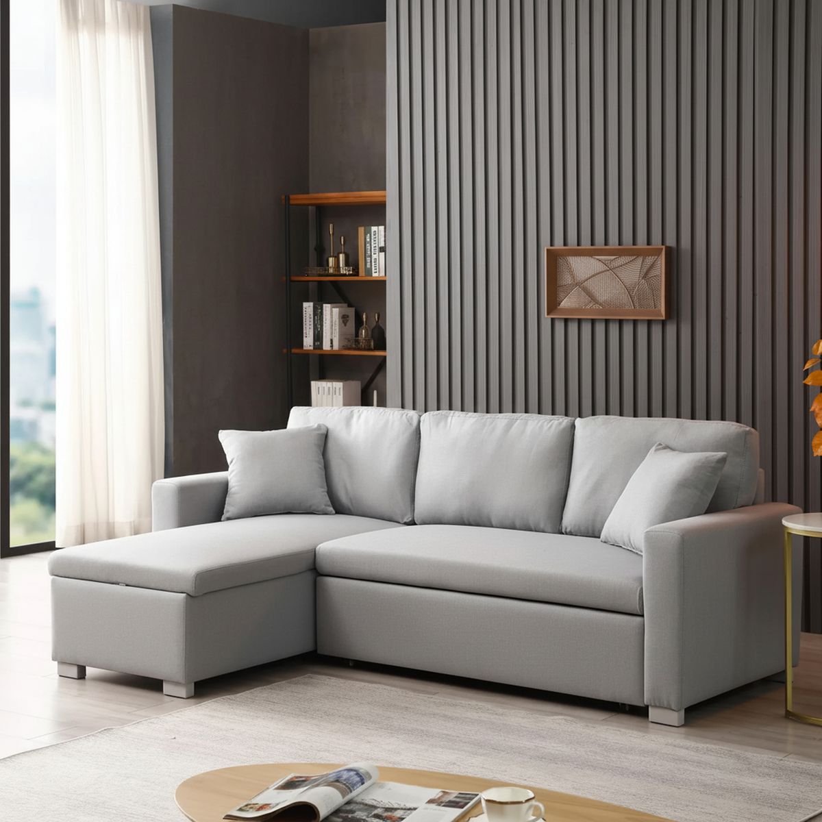 JUST HOME COLLECTION - Sofá Cama Seccional 3 Cuerpos con Almacenamiento + Cojines Decorativos Olive Gris