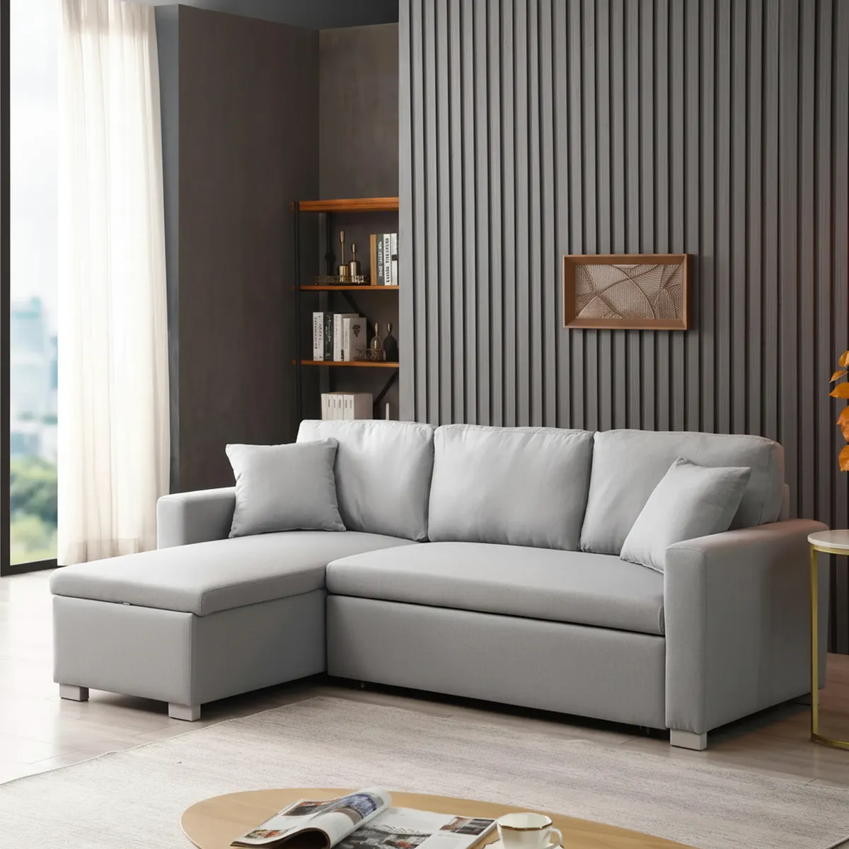 JUST HOME COLLECTION - Sofá Cama Seccional 3 Cuerpos con Almacenamiento + Cojines Decorativos Olive Gris