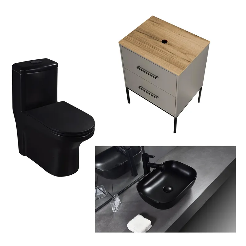 SENSI DACQUA - Lavamanos de Cerámica Ovalado Mate Negro + Mueble de Baño 60cm Islandia Taupe + One Piece Roma Negro Mate