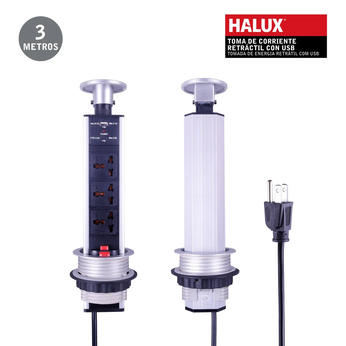 Retráctil 3 Tomas USB A USB C 3 Metros, marca HALUX - Foto Principal