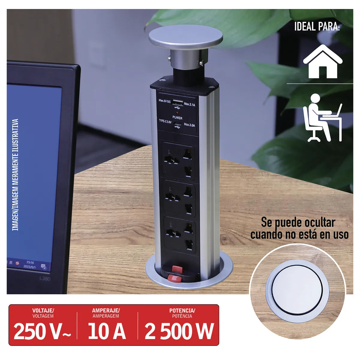 Retráctil 3 Tomas USB A USB C 3 Metros, marca HALUX - Foto 2