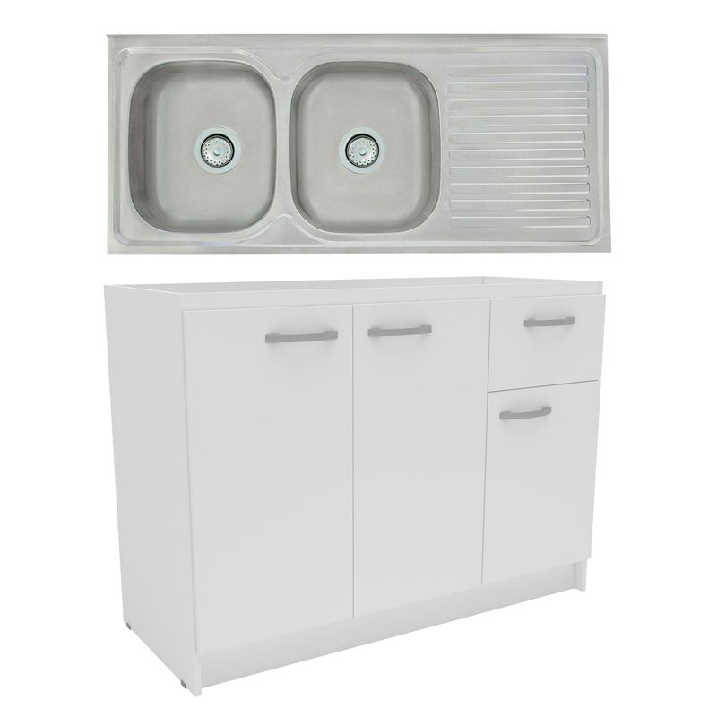  - Mueble Base 2 Puertas 2 Cajones 120cm Blanco + Lavadero 2 Poza Escurridero Viena 120x50cm