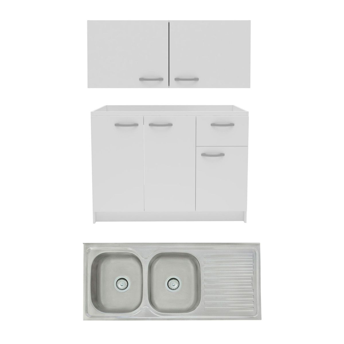  - Mueble Mural Cocina 2 Puertas 120cm Blanco + Mueble Base 2 Puertas 2 Cajones 120cm Blanco + Lavadero de Cocina Record 2 Pozas Escurridero Viena 120x50cm.