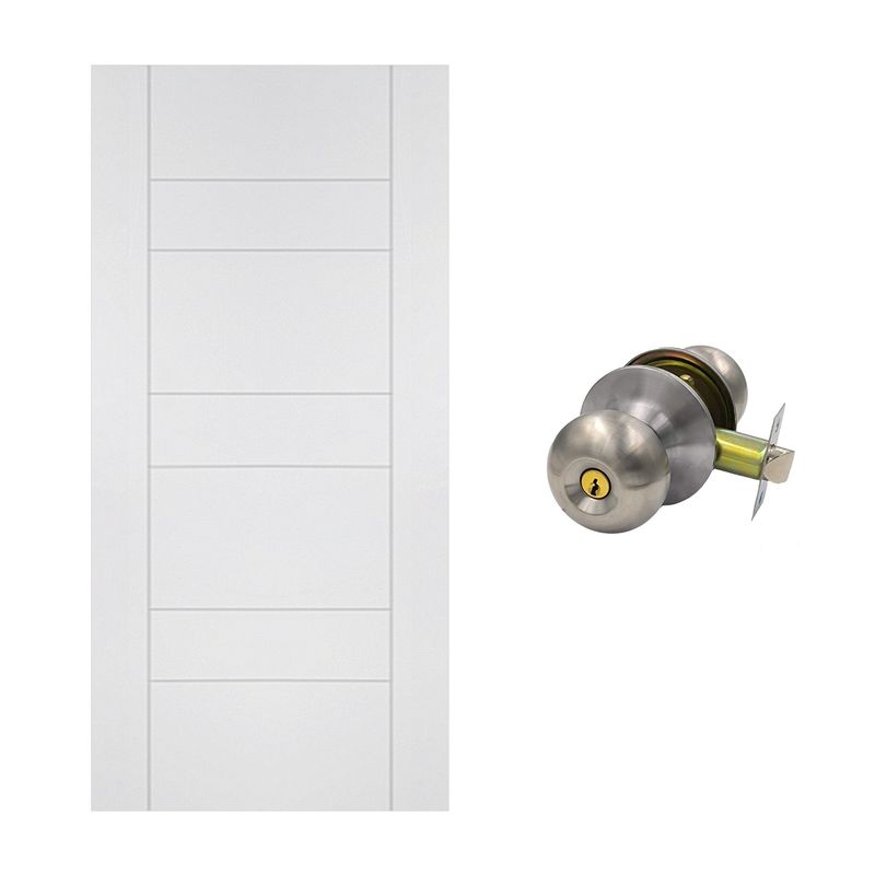  - Puerta Interior HDF Blanca Rt. Decor Ec3Bas 40x650x2070mm + Cerradura de Pomo Dormitorio Fighter Acero Inoxidable