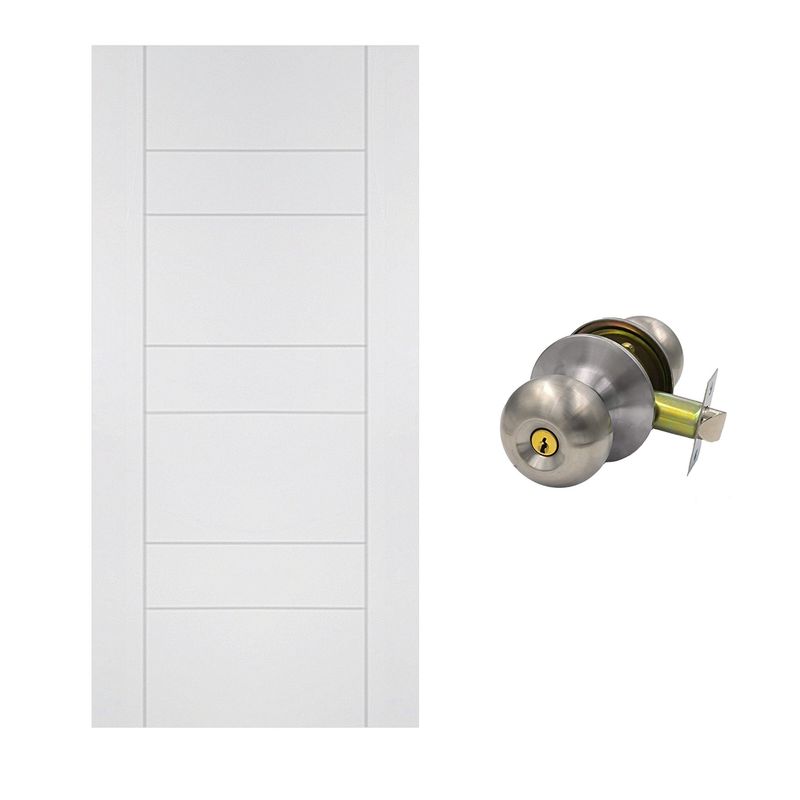  - Puerta Interior HDF Blanca Rt. Decor Ec3Bas 40x700x2070mm + Cerradura de Pomo Dormitorio Fighter Acero Inoxidable