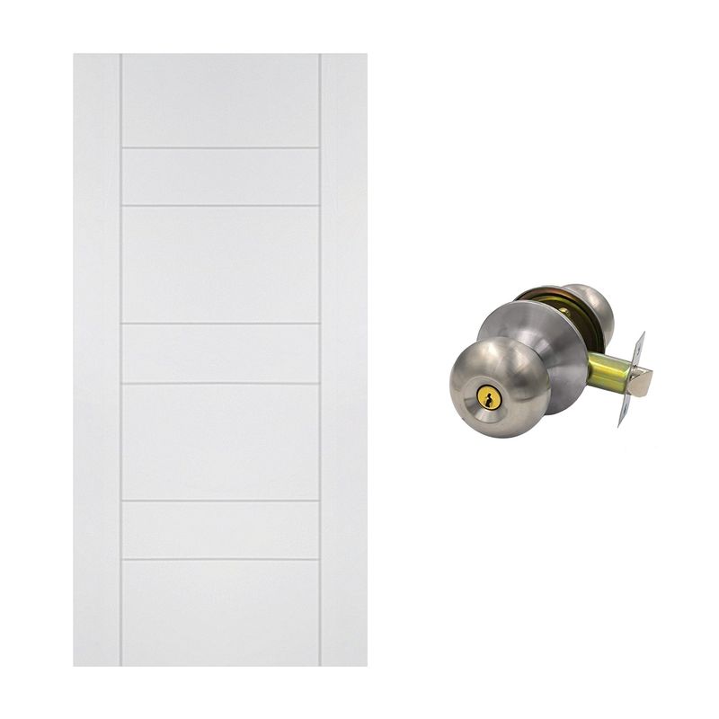  - Puerta de Interior HDF Blanca Rt. Decor Ec3Bas 40x600x2070mm + Cerradura de Pomo Dormitorio Fighter Acero Inoxidable