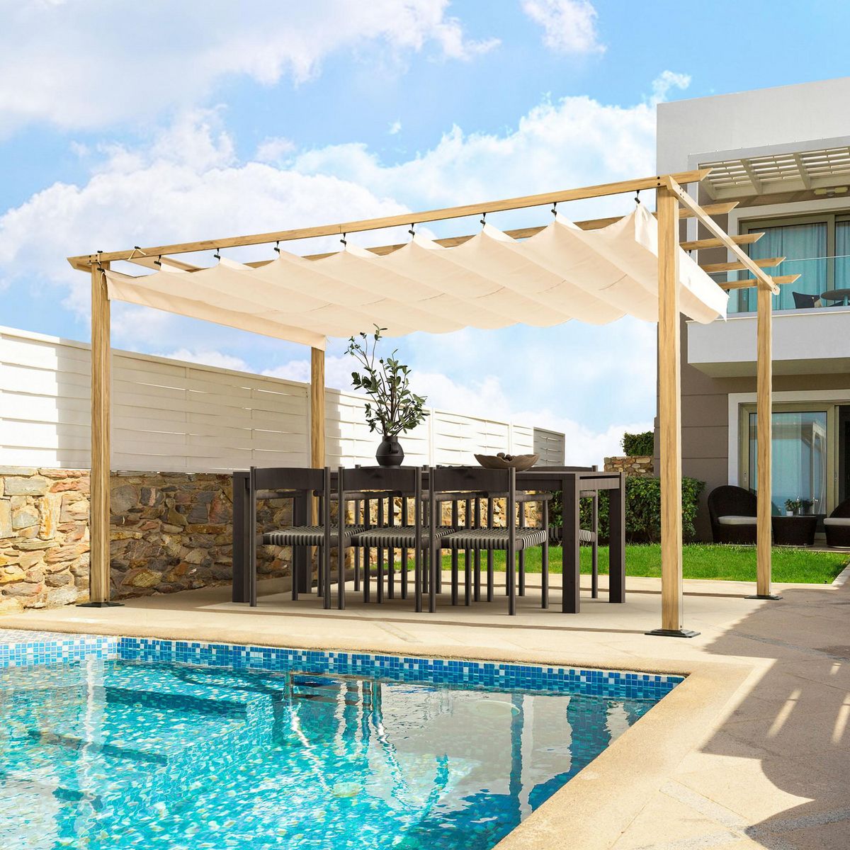 JUST HOME COLLECTION - Pérgola de Aluminio Look Madera con Tela Retráctil 3x4