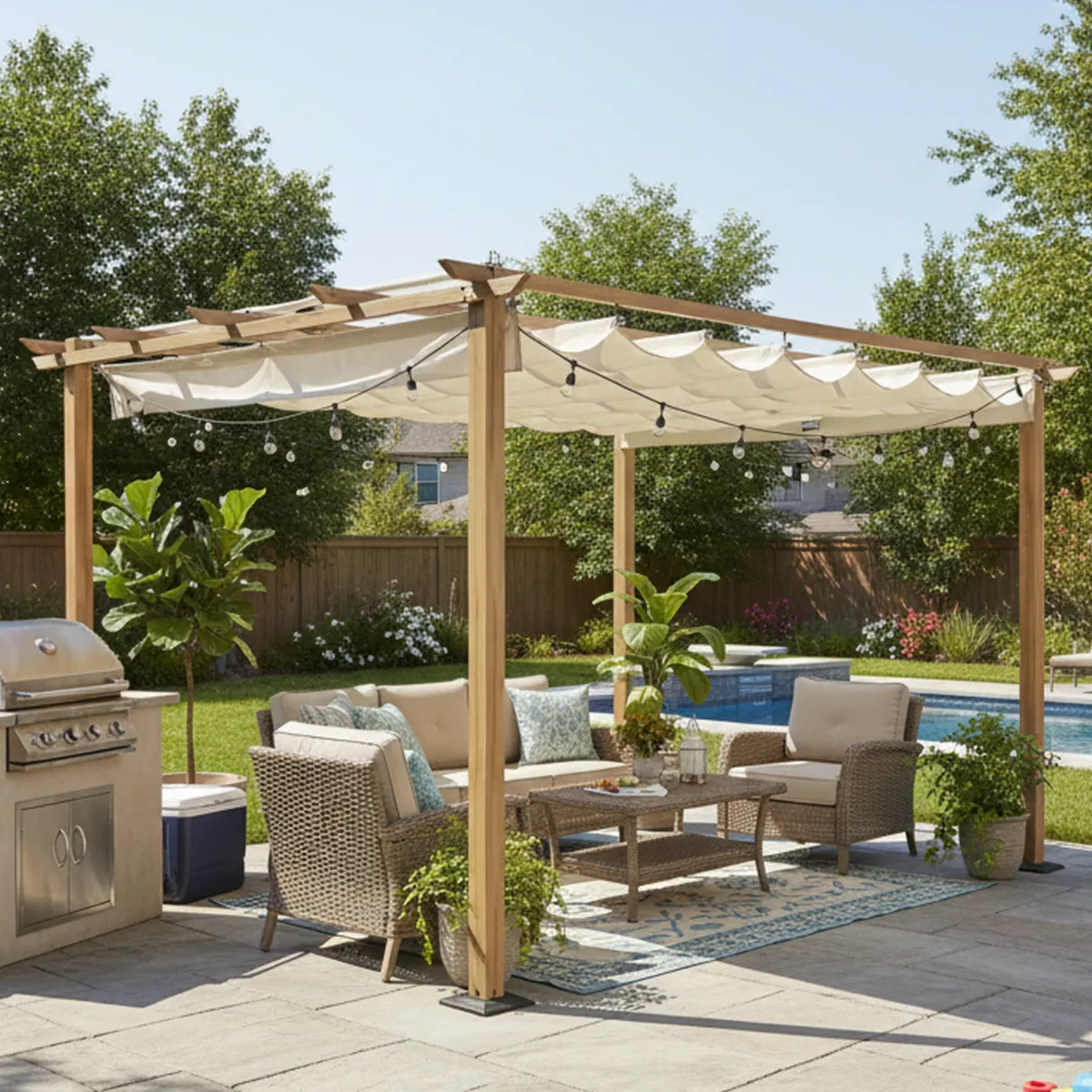 JUST HOME COLLECTION - Pérgola de Aluminio Look Madera con Tela Retráctil 3x4