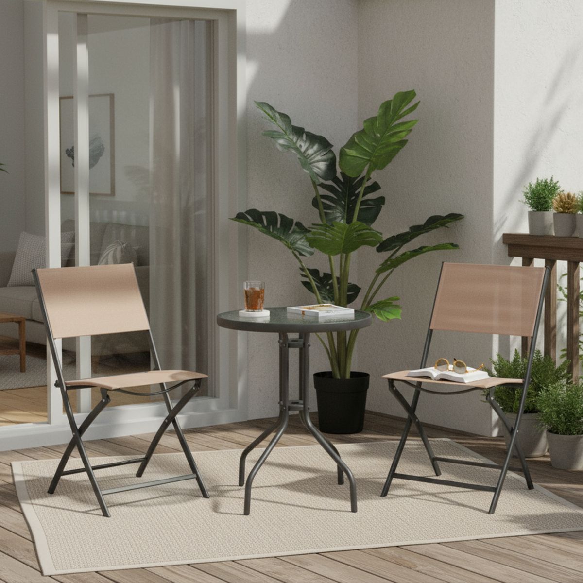 JUST HOME COLLECTION - Juego de Balcón 3 Piezas Metal Capuccino