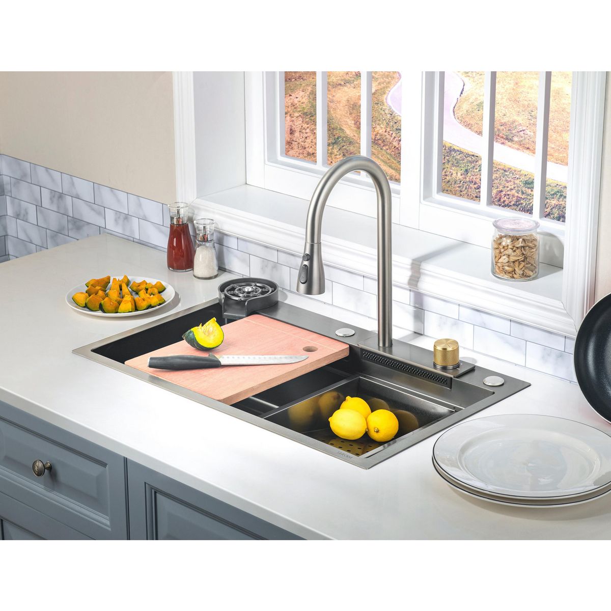 SENSI DACQUA - Lavadero Multifuncional Negro 2 Pozas 75x22x17.5 cm Acero inoxidable