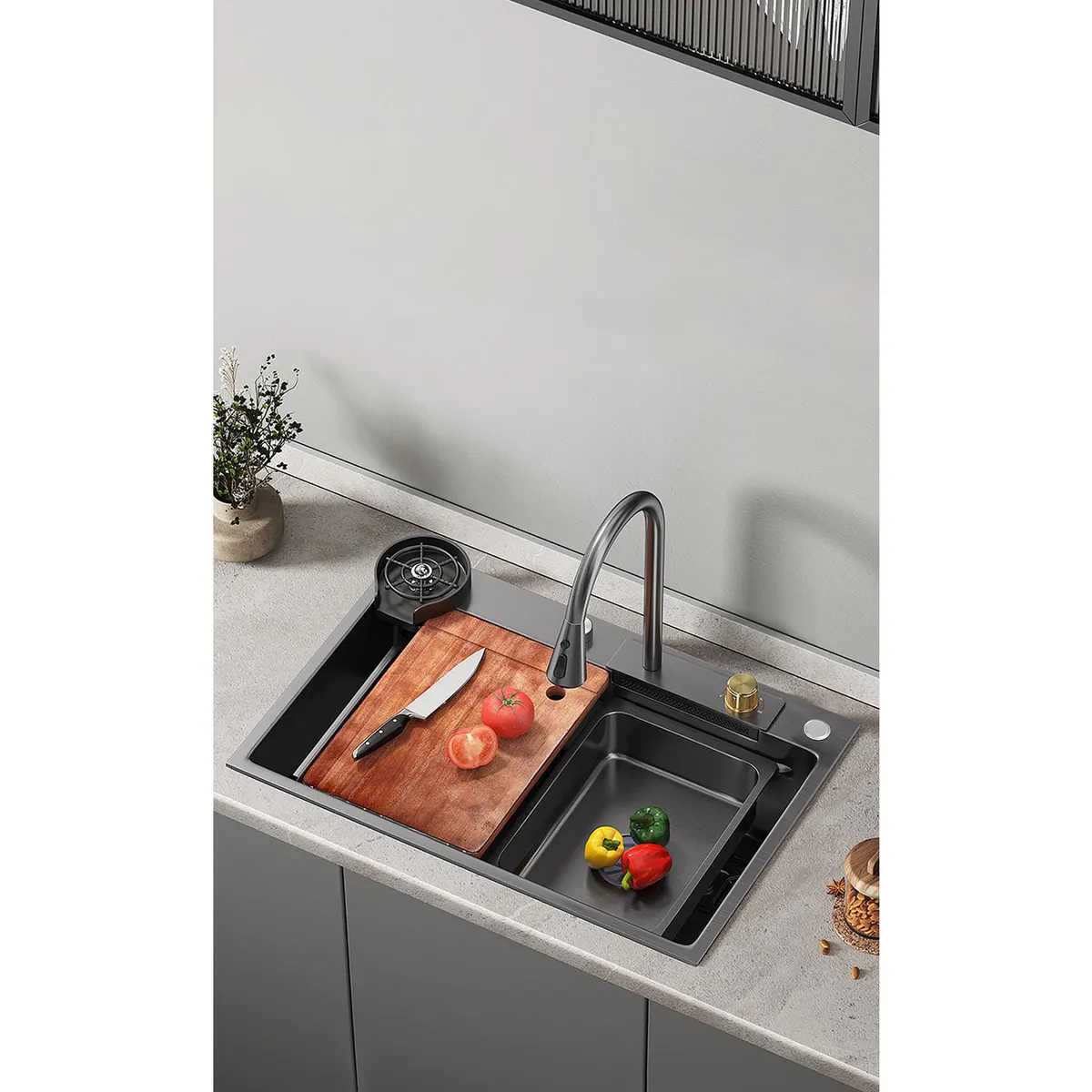 SENSI DACQUA - Lavadero Multifuncional Negro 2 Pozas 75x22x17.5 cm Acero inoxidable