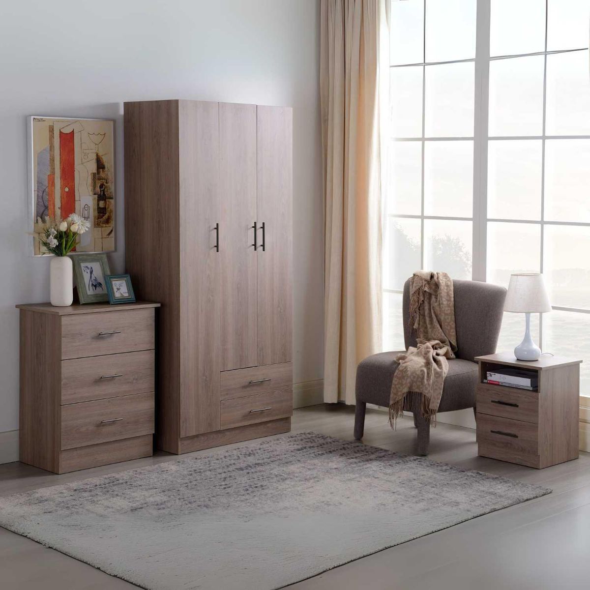 JUST HOME COLLECTION - Combo Ropero 3 Puertas 2 Cajones + Cómoda 3 Cajones + Velador 2 Cajones Melamina Río