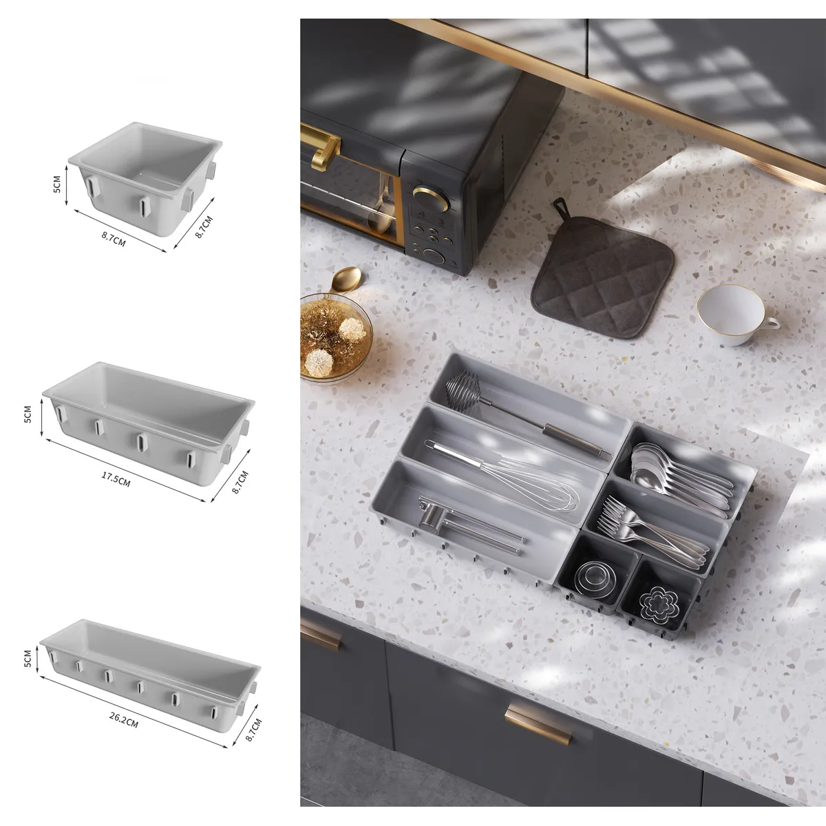 JUST HOME COLLECTION - Set x7 organizadores Cajón de plástico gris