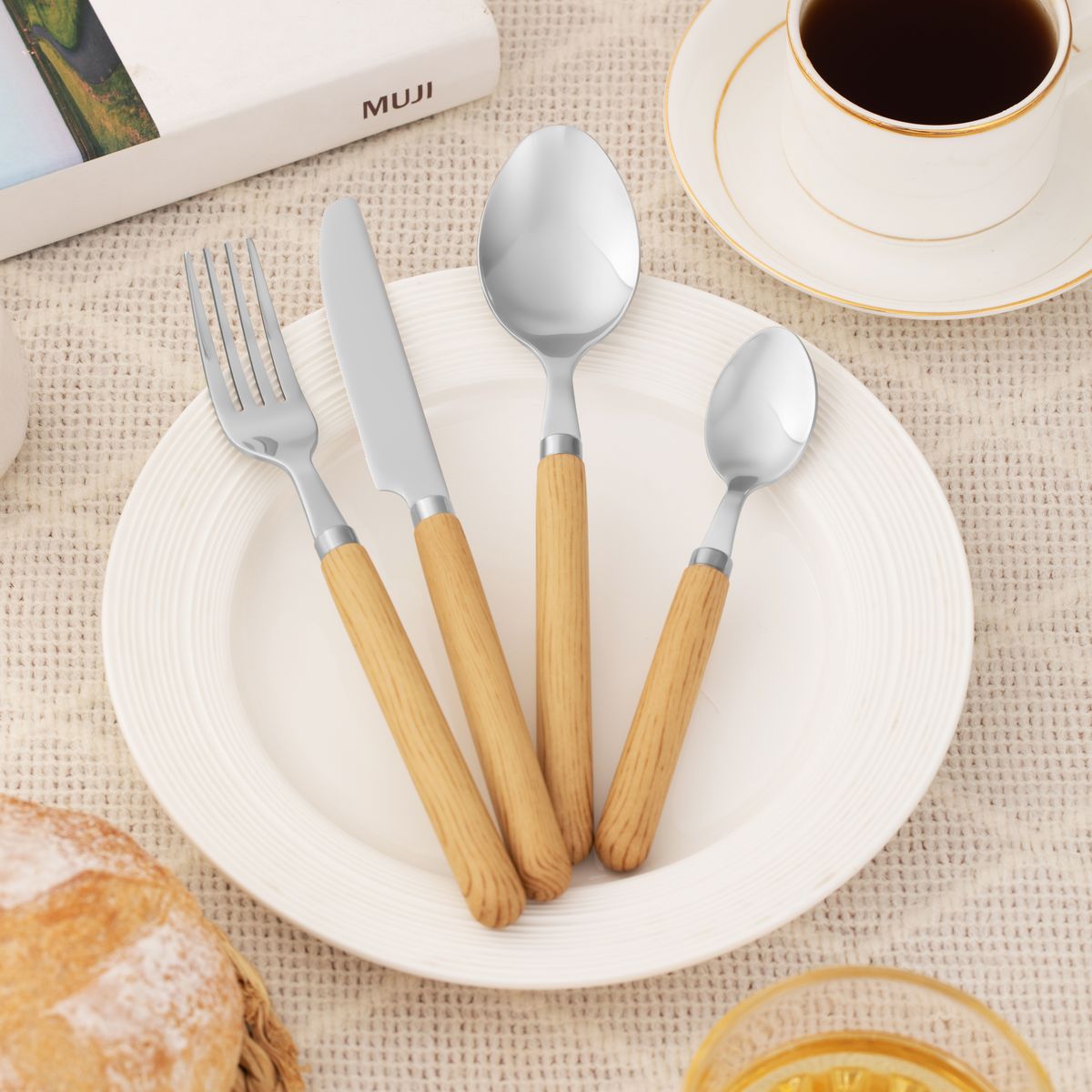 JUST HOME COLLECTION - Juego de Cubiertos Mango de Plástico Madera 24 Piezas