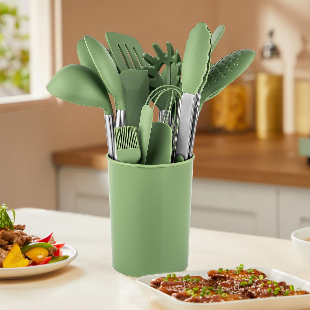 JUST HOME COLLECTION - Juego de Utensilio 15 Piezas Verde/Inoxidable