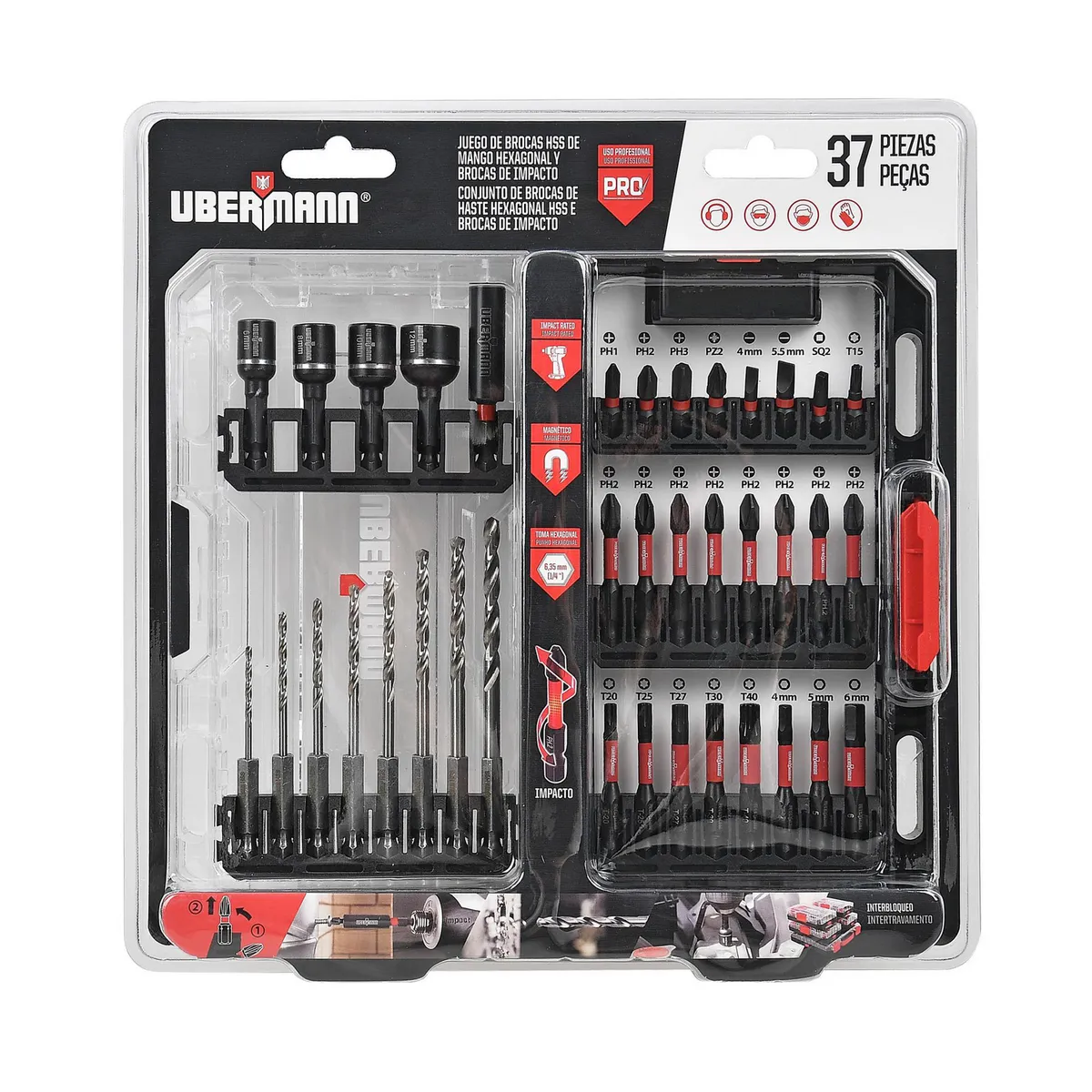 UBERMANN - Set 37 Brocas HSS de Mango Hexagonal y Brocas de Impacto Ubermann