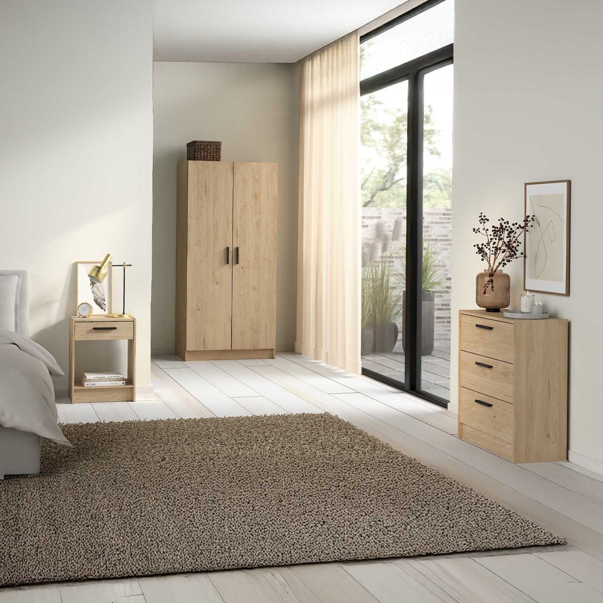 TVILUM - Combo Ropero 3 Puertas 2 Cajones + Cómoda 3 Cajones + Velador 2 Cajones Río Vainilla