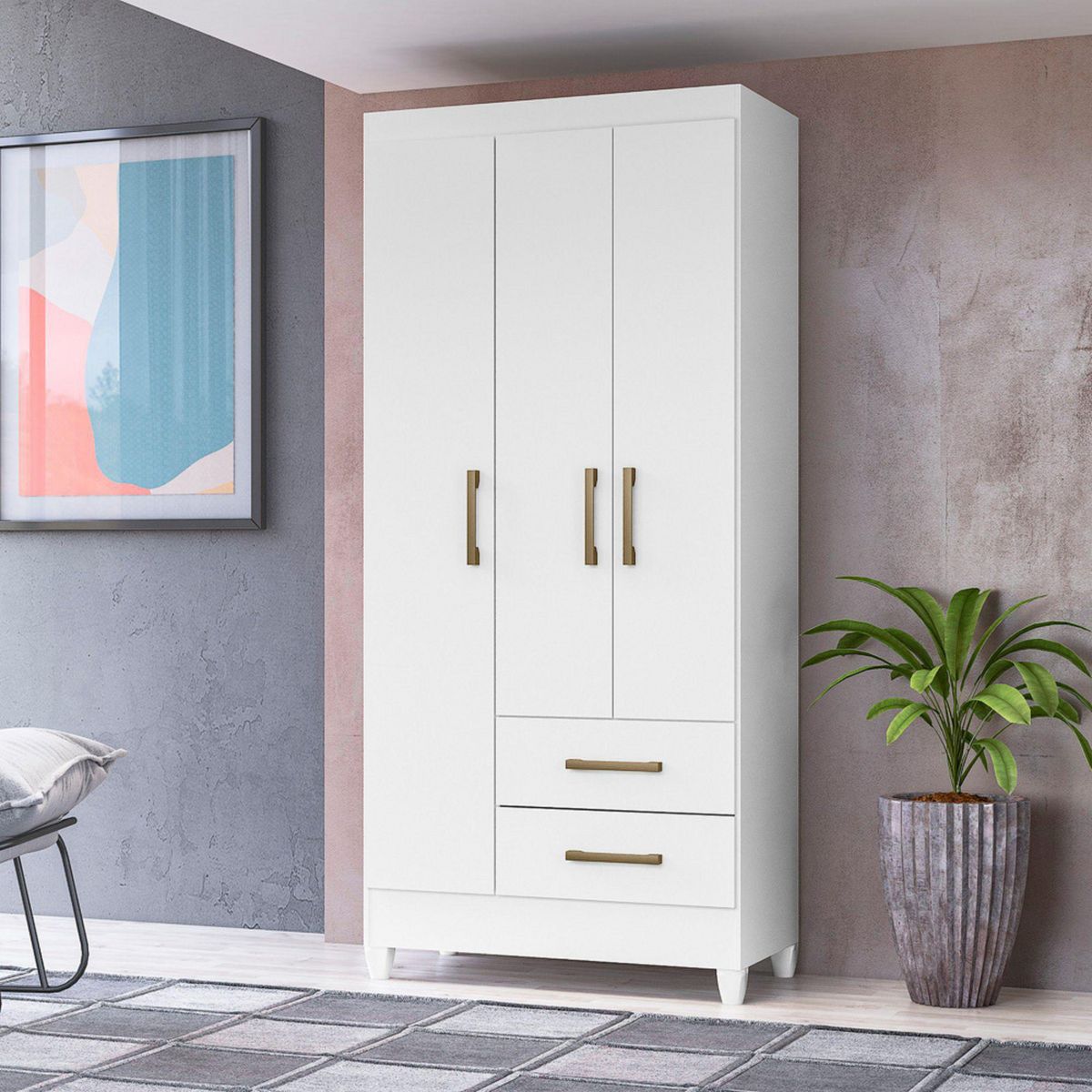 CASA BONITA - Ropero Lima 3 Puertas 2 Cajones Blanco/Rosado Flex