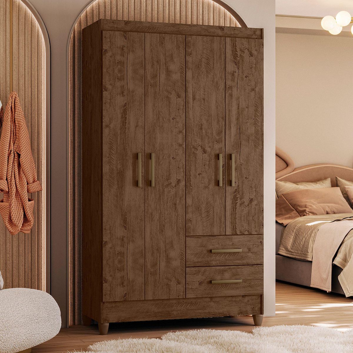 CASA BONITA - Ropero Lima 4 Puertas 2 Cajones Nogal