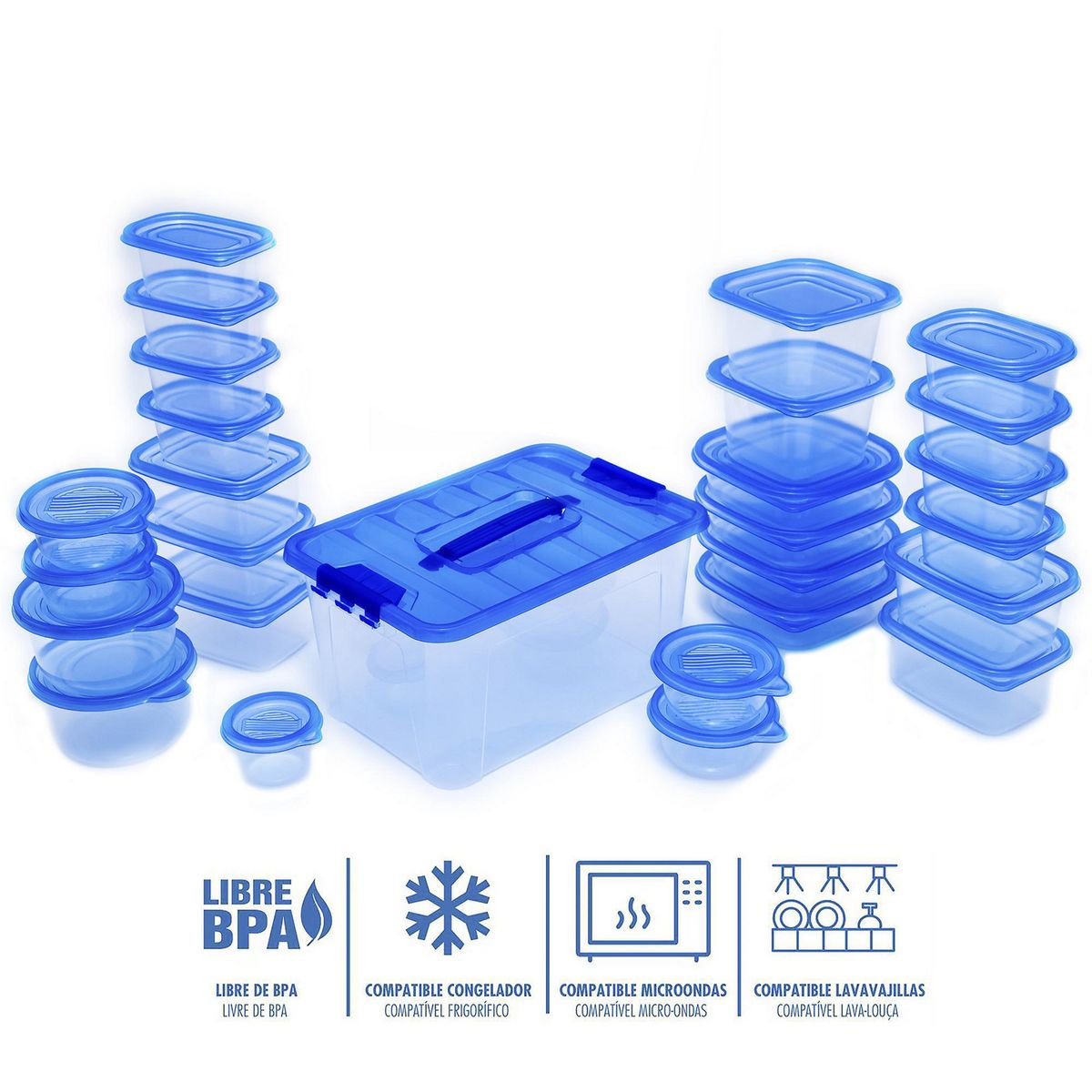 JUST HOME COLLECTION - Juego Contenedores de Plástico Tapa Azul 54 Piezas