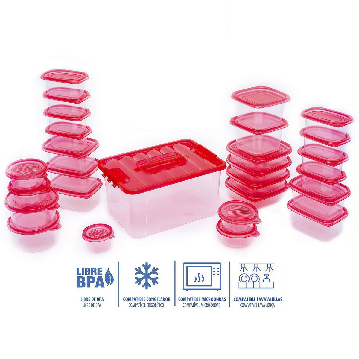 JUST HOME COLLECTION - Juego Contenedores de Plástico Tapa Roja 54 Piezas