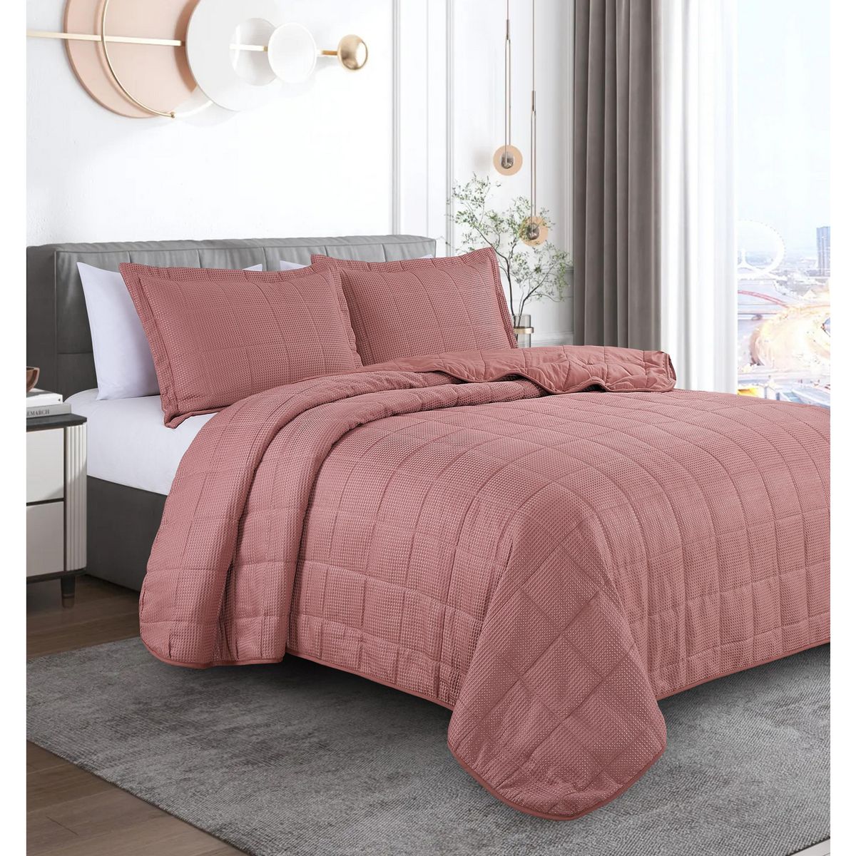 JUST HOME COLLECTION - Quilt Waffle Cuadrado 2 Plazas Rosa
