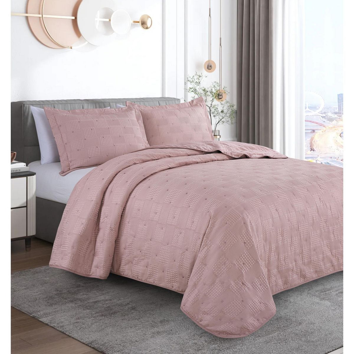 JUST HOME COLLECTION - Quilt Waffle Geo Rosa 2 Plazas