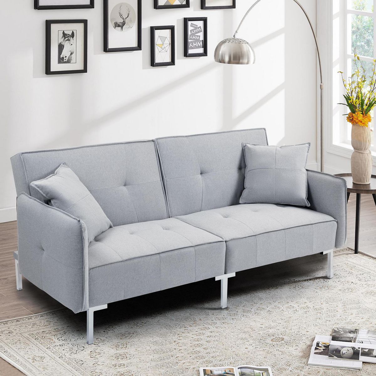 JUST HOME COLLECTION - Sofá Cama Futón + Cojines Decorativos Portland Gris