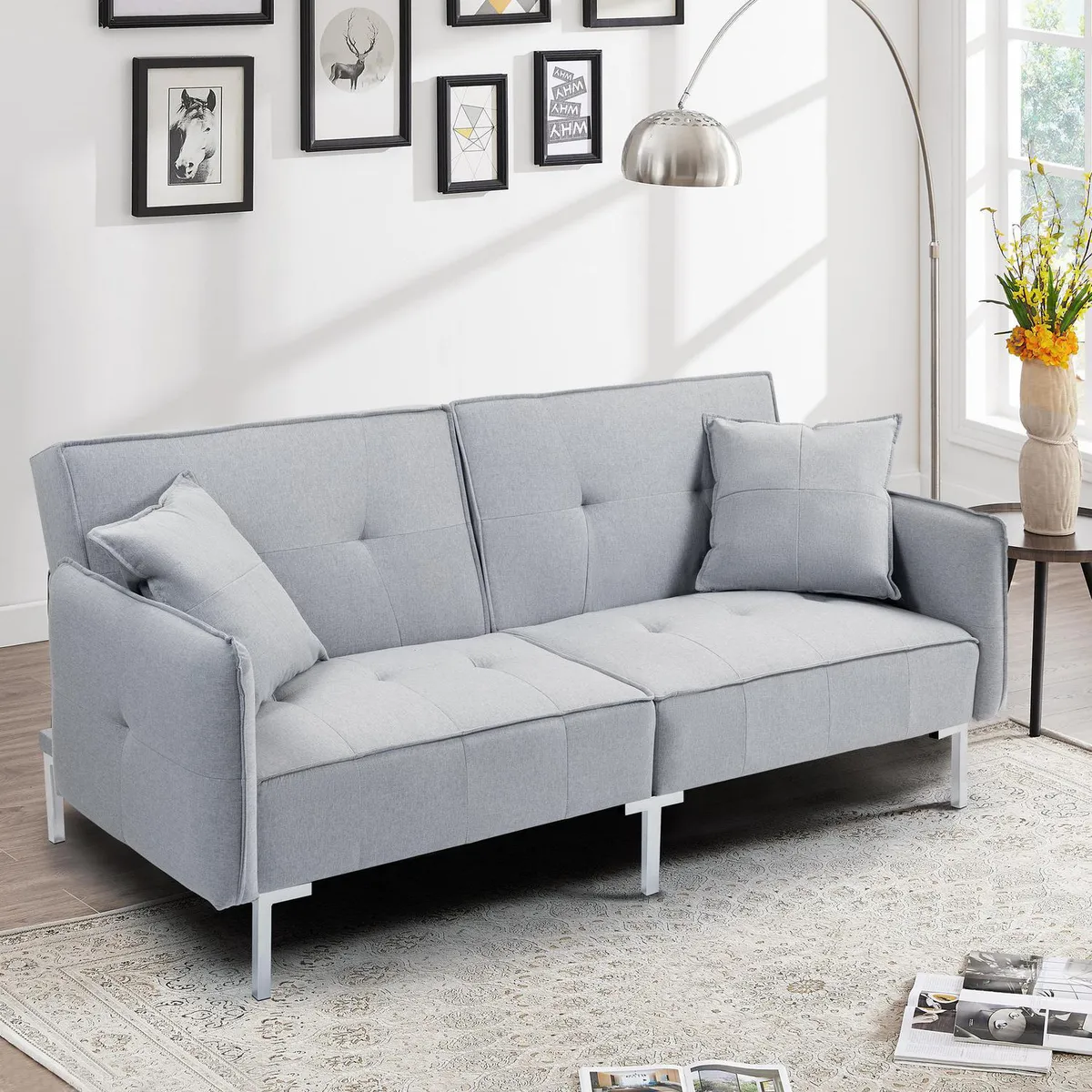 JUST HOME COLLECTION - Sofá Cama Futón + Cojines Decorativos Portland Gris