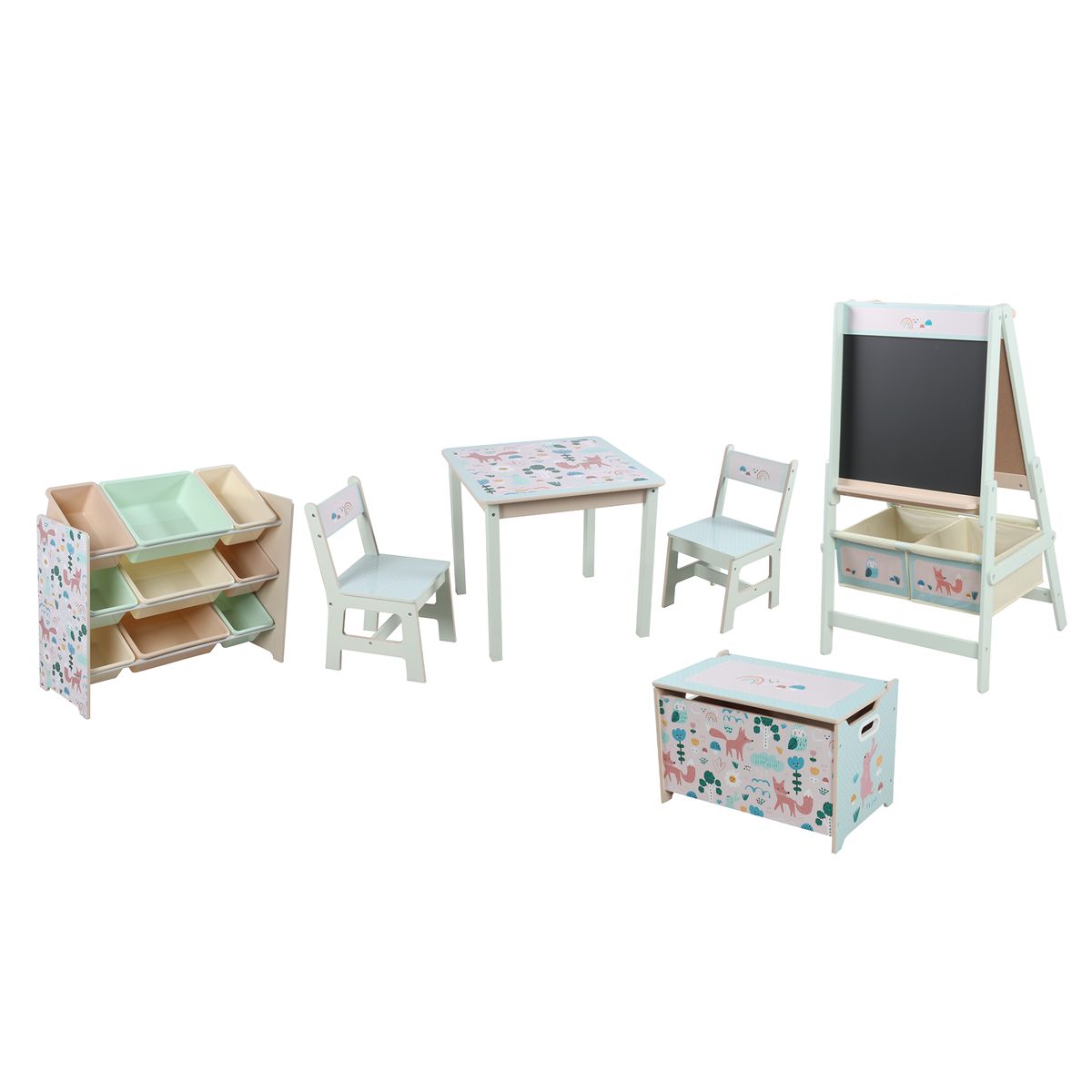 JUST HOME COLLECTION - Set de Mesa Bosque + 02 Sillas + Pizarra Infantil Bosque + Juguetero Infantil Bosque 9 Cajas + Baúl Infantil Bosque