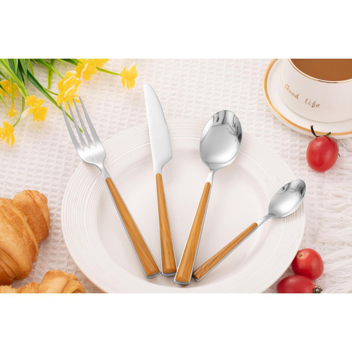 JUST HOME COLLECTION - Set de Cubiertos Mango de Madera 24 Piezas