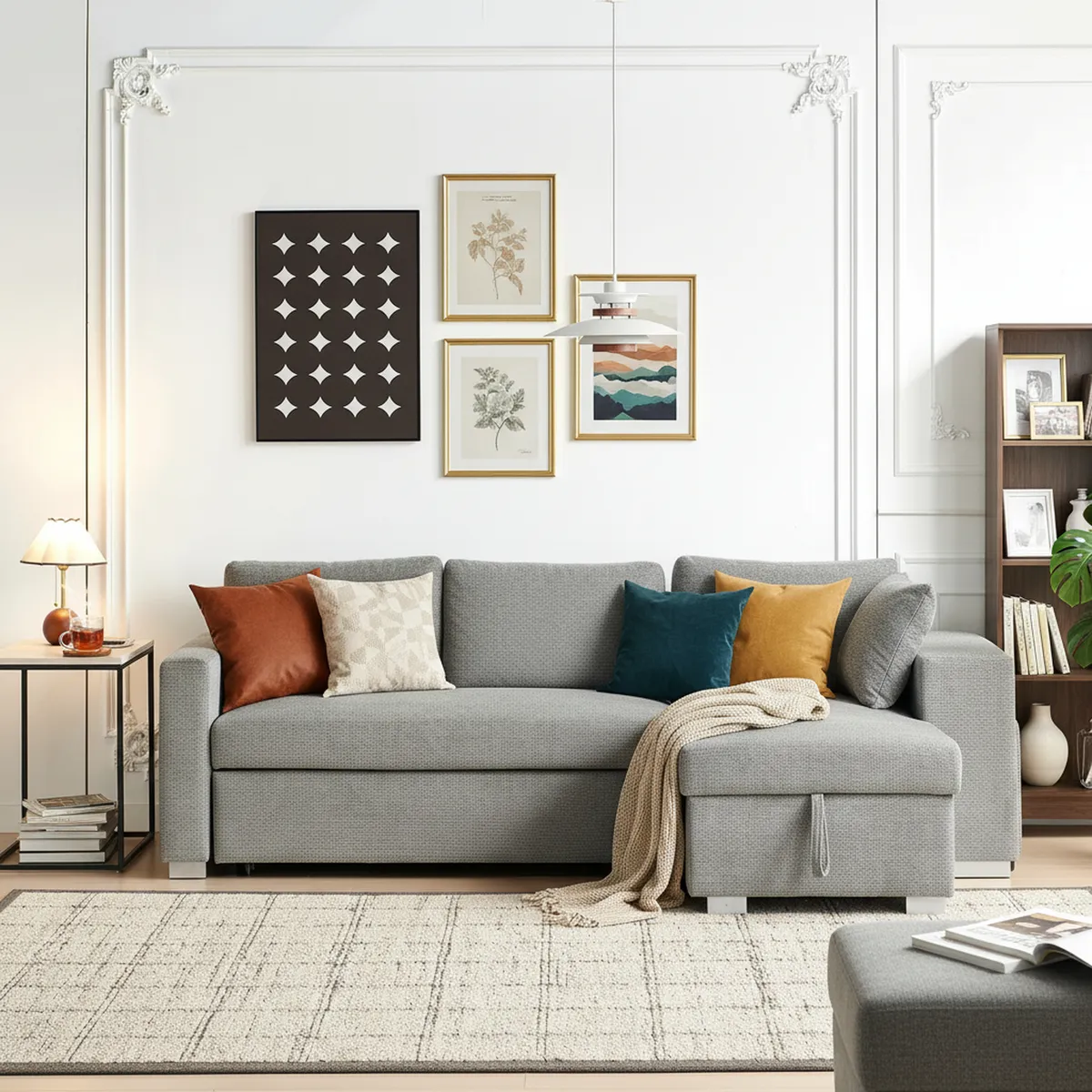 JUST HOME COLLECTION - Sofá Cama Seccional 3 Cuerpos con Almacenamiento + Cojines Decorativos + 2 Puffs Felipe Gris