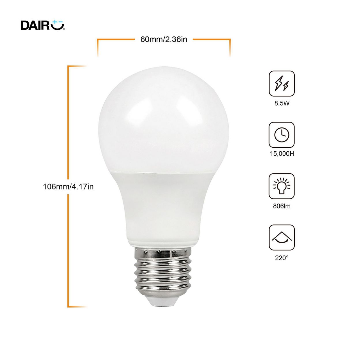 DAIRU - Pack x2 Focos LED A60 E27 8.5 W 806 lm Luz Cálida (60 W Equivalente)