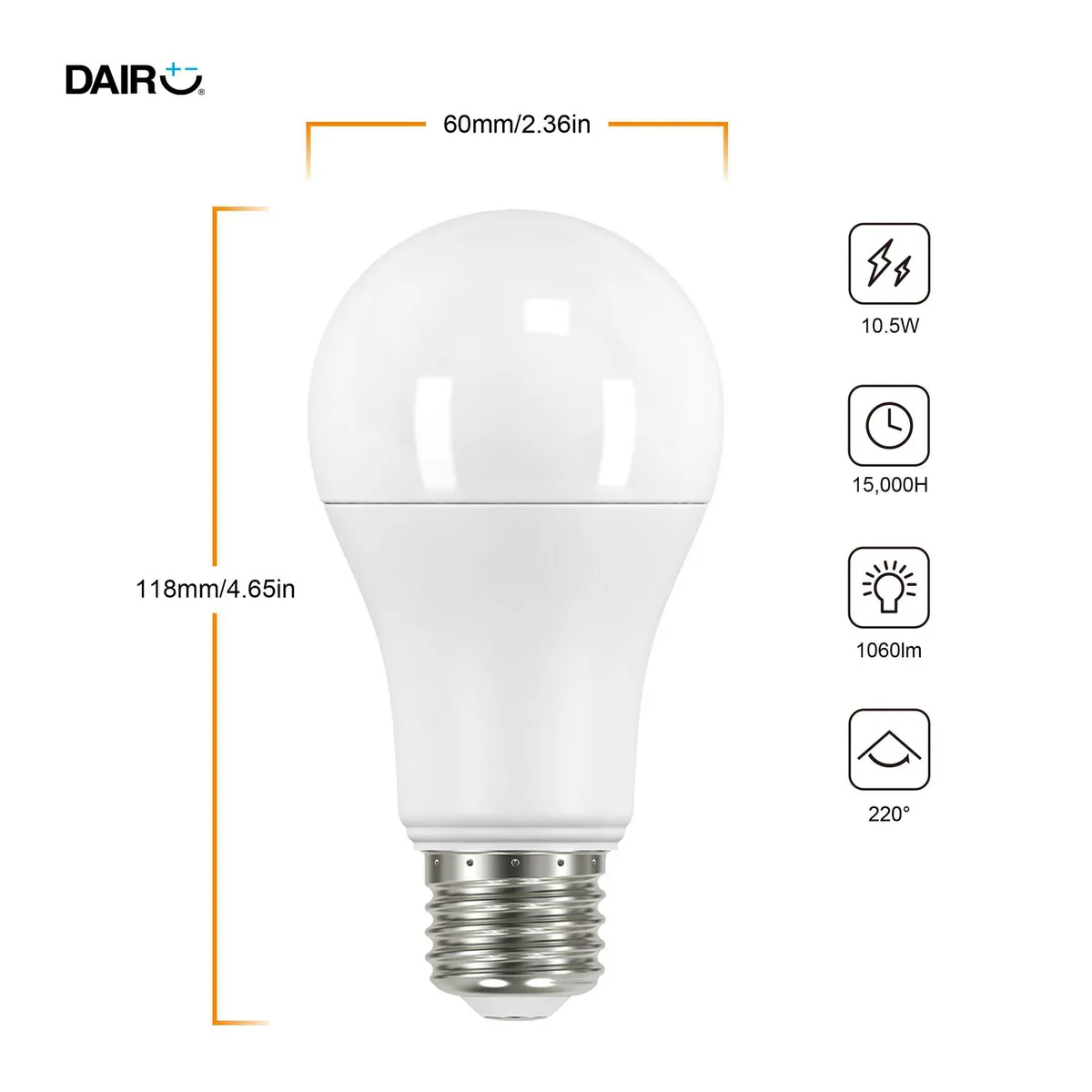 DAIRU - Pack de 2 Focos LED A60 E27 de 10.5 Watts Luz Natural
