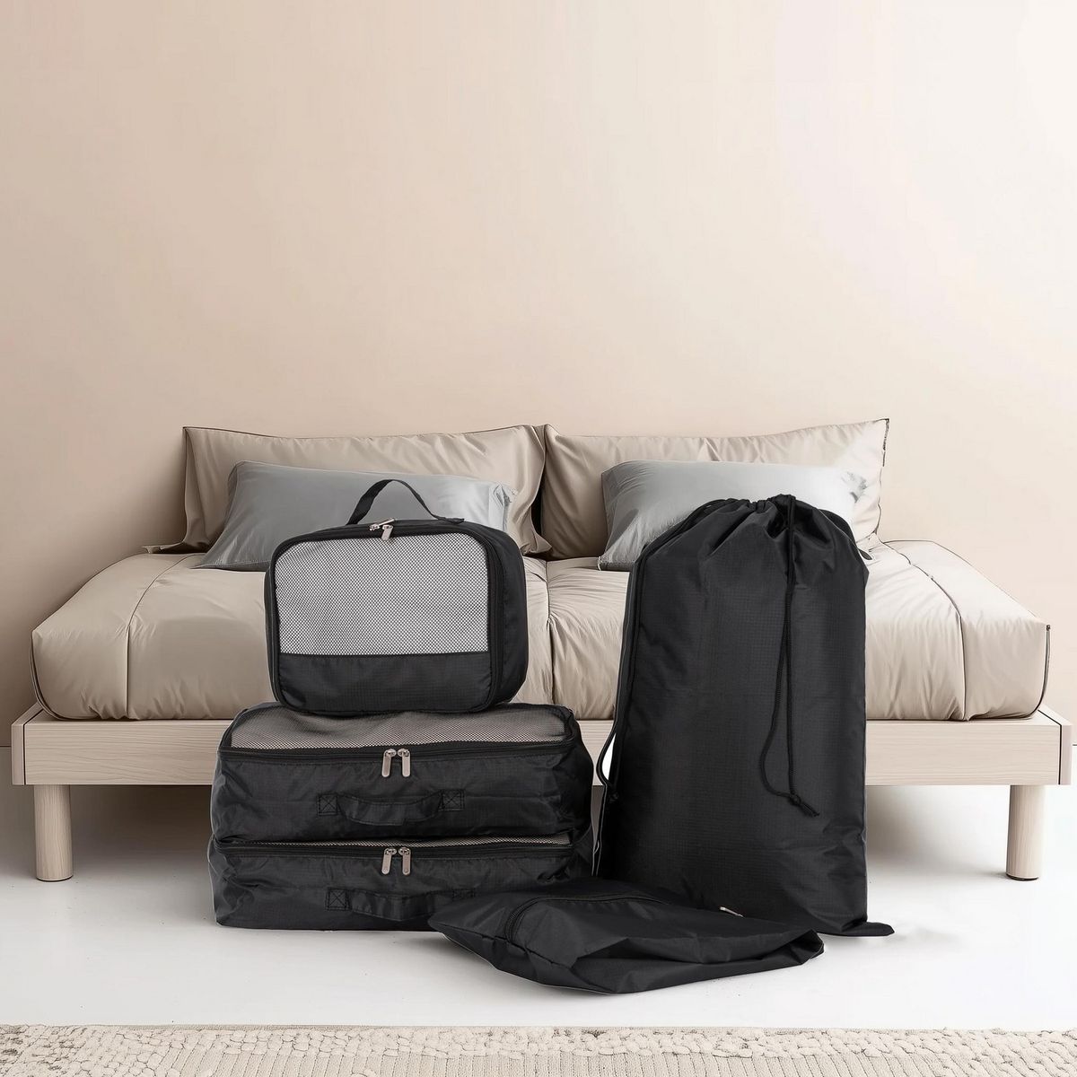 JUST HOME COLLECTION - Set x5 Organizador de maleta para viajes negro