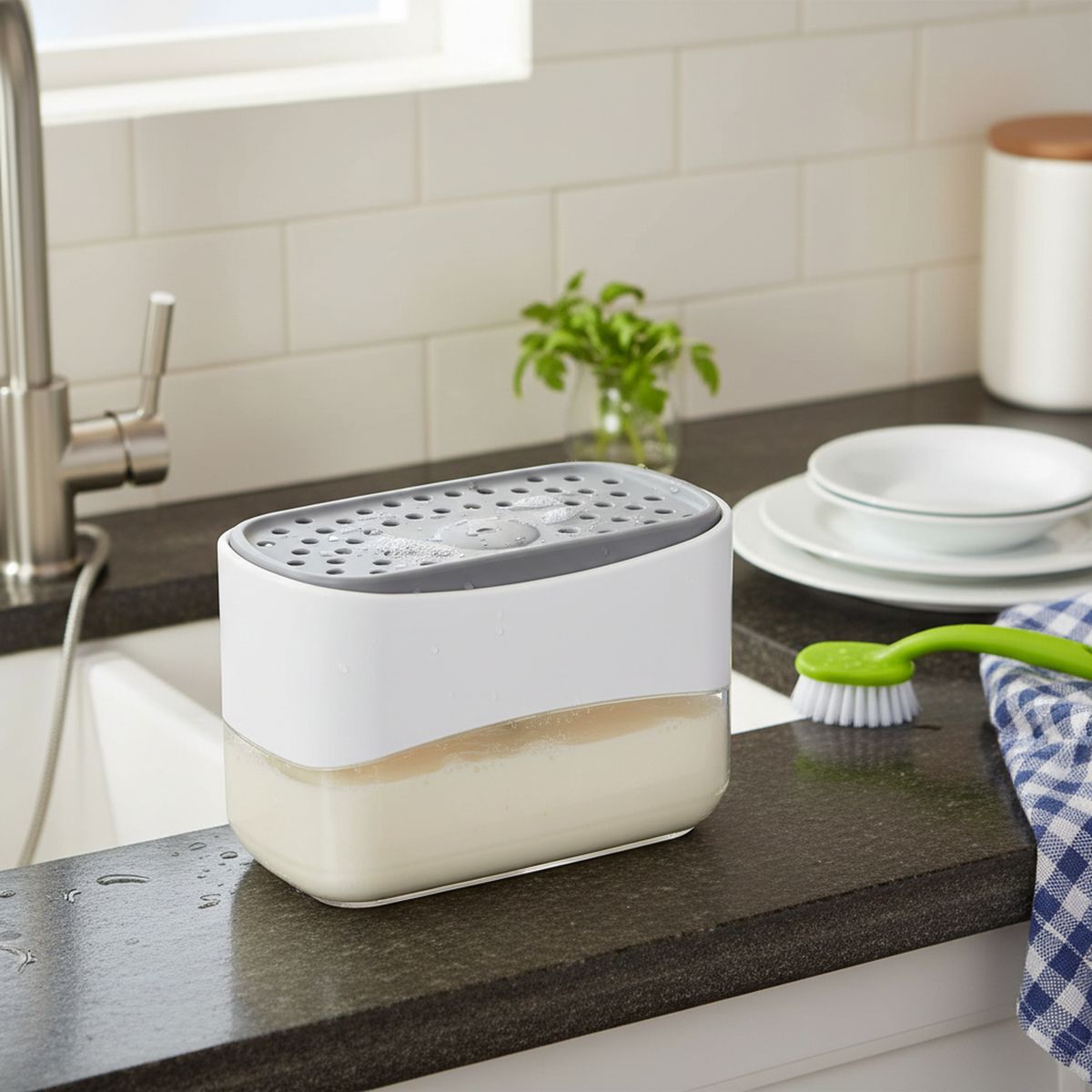 JUST HOME COLLECTION - Dispensador de jabón liquido lavavajillas con porta esponja para cocinas