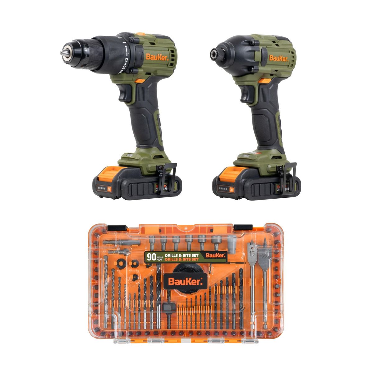 BAUKER - Kit Taladro y Atornillador Impact 20V BMC + Set de Brocas y Dados 90 Piezas Bauker