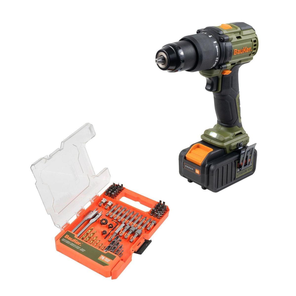 BAUKER - Taladro Percutor 1 Batería 20V + Kit 76 Piezas Brocas y Puntas Metal