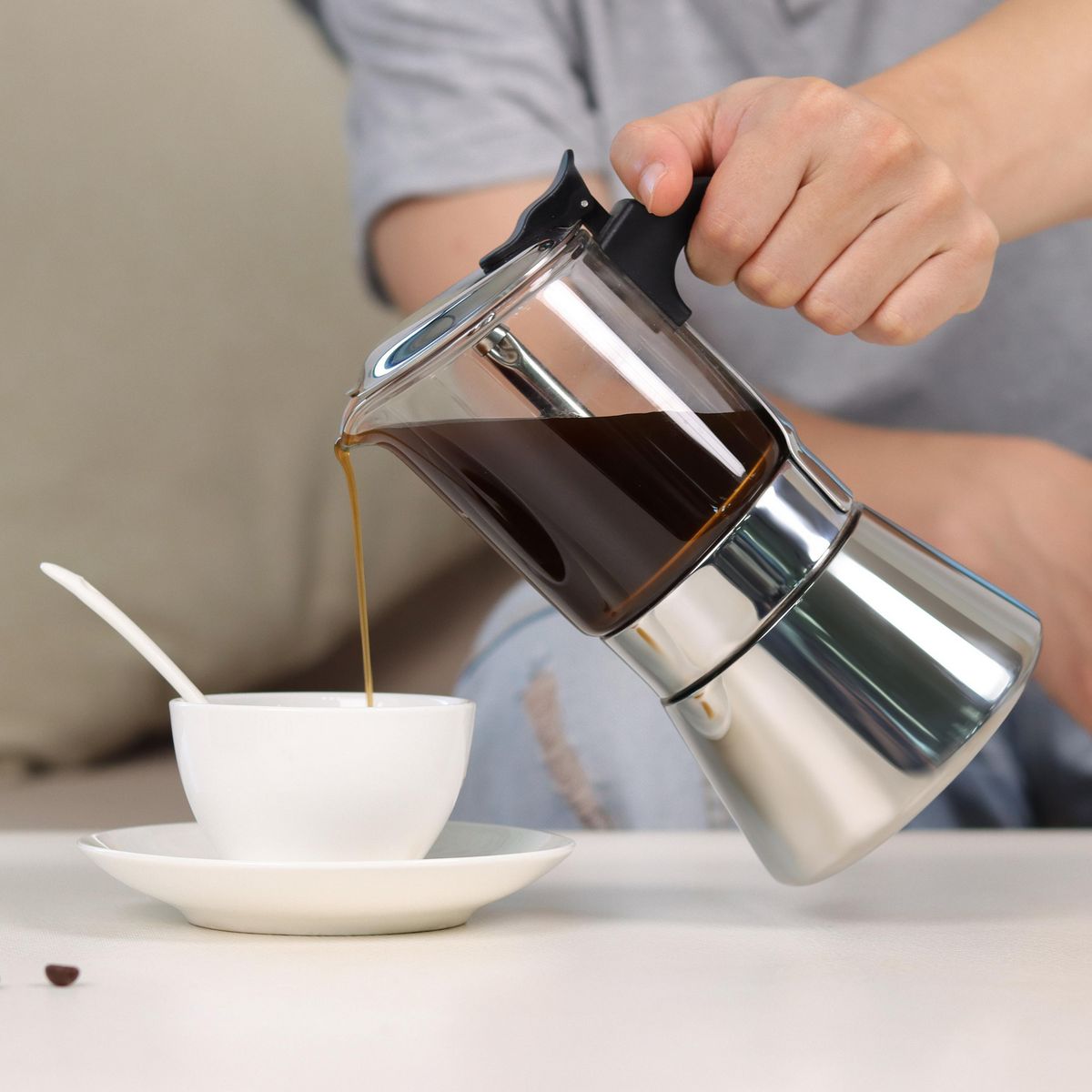 JUST HOME COLLECTION - Cafetera Moka 6 Tazas Vidrio y Acero Inoxidable Plateado 240ml