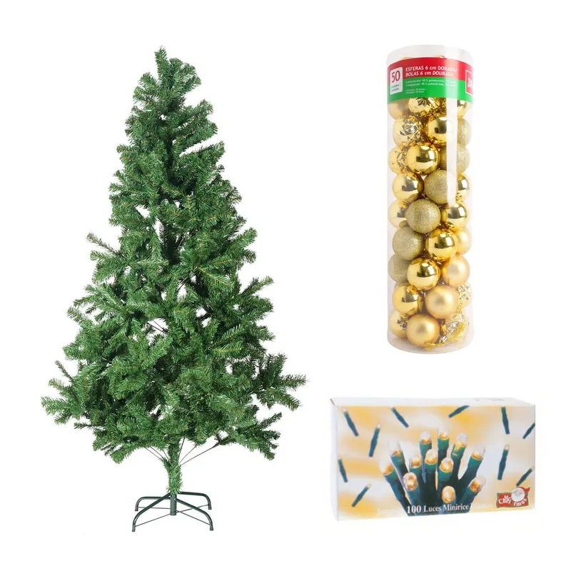 DEAR SANTA - Árbol de Navidad 210cm 936 Ramas Bavaria + Juego de 100 Luces Blancas Navidad + Set de 50 Esferas 6 cm Doradas en Tubo