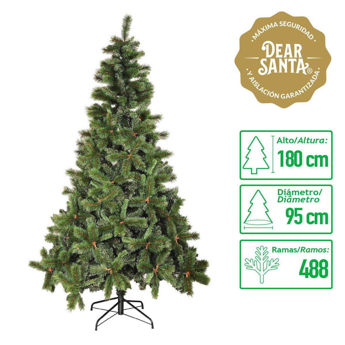 DEAR SANTA - Árbol de Navidad 180cm 488 Ramas Compacto Verde