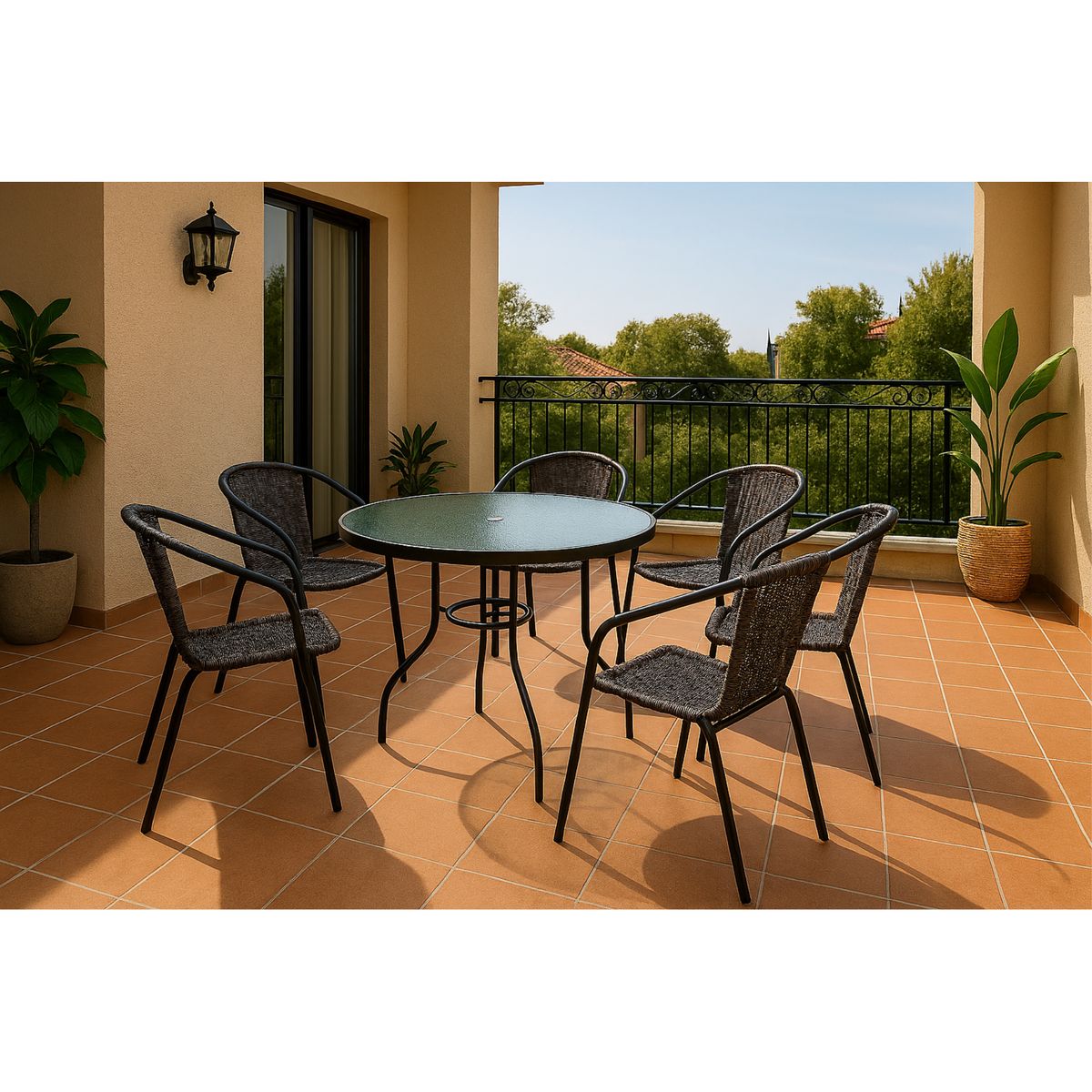 JUST HOME COLLECTION - Juego de comedor mesa redonda de Vidrio 120x70x120  + 6 sillas de ratán negro