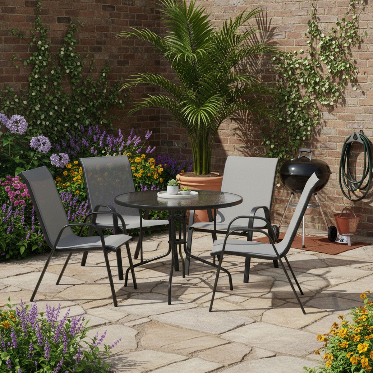 Juego de comedor mesa redonda de Vidrio 120x70x120 + 4 sillas de metal Sling Crudo, marca JUST HOME COLLECTION - Foto Principal
