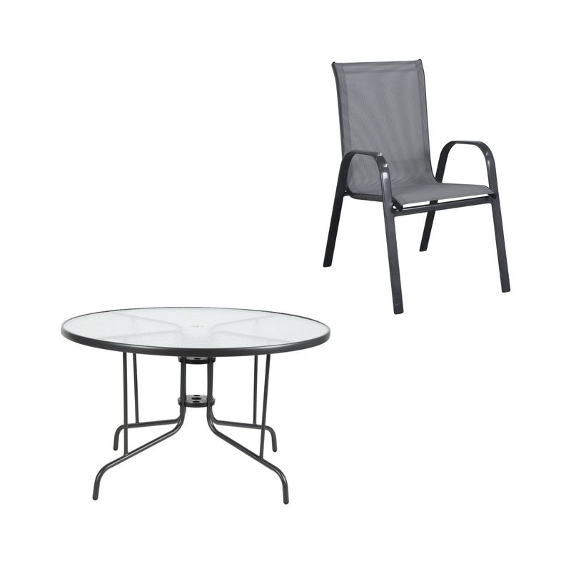 JUST HOME COLLECTION - Mesa Redonda de Vidrio 120x70x120 cm Gris Oscuro + Silla de Metal Apilable Sling Gris