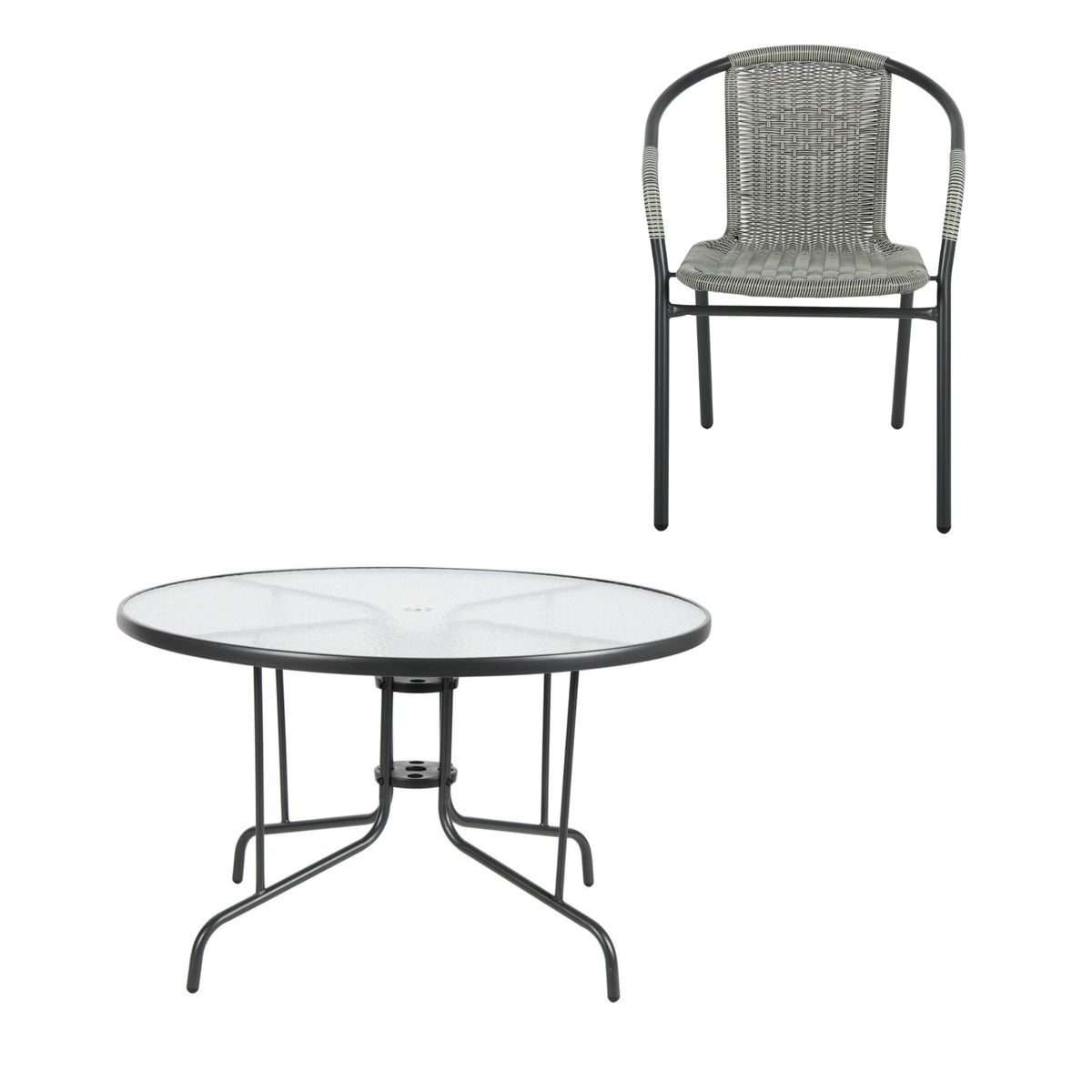 JUST HOME COLLECTION - Juego de comedor mesa redonda de vidrio 120x70x120 cm  + 6   sillas ratan gris