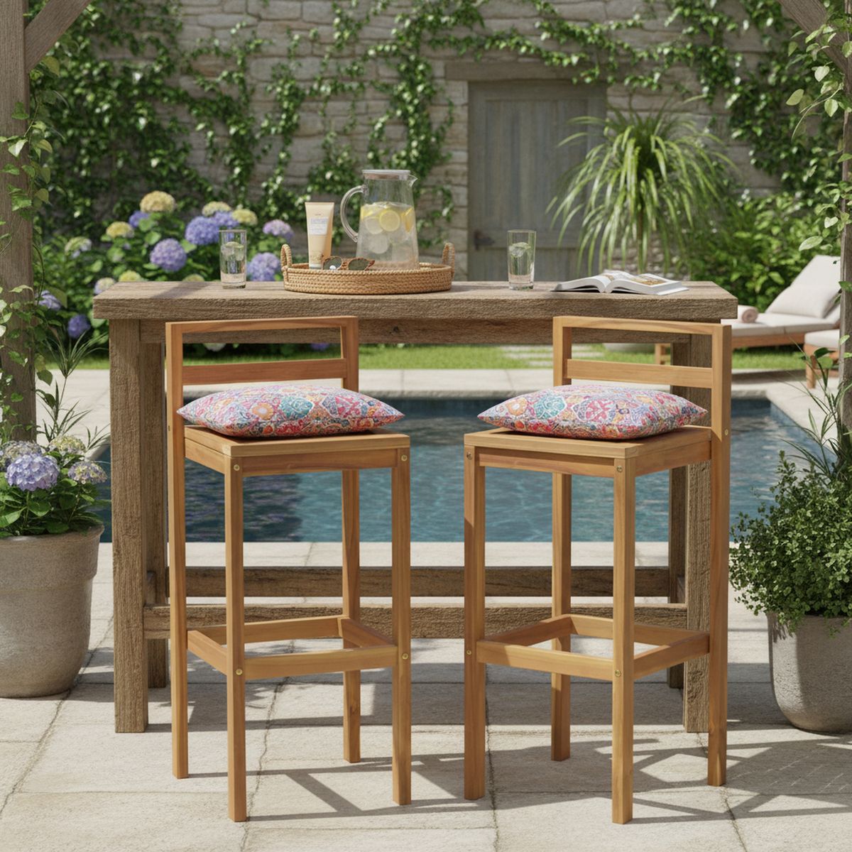 JUST HOME COLLECTION - Set 2 Sillas De Bar De Madera Para Terraza Natural 92x41.5x35 Cm