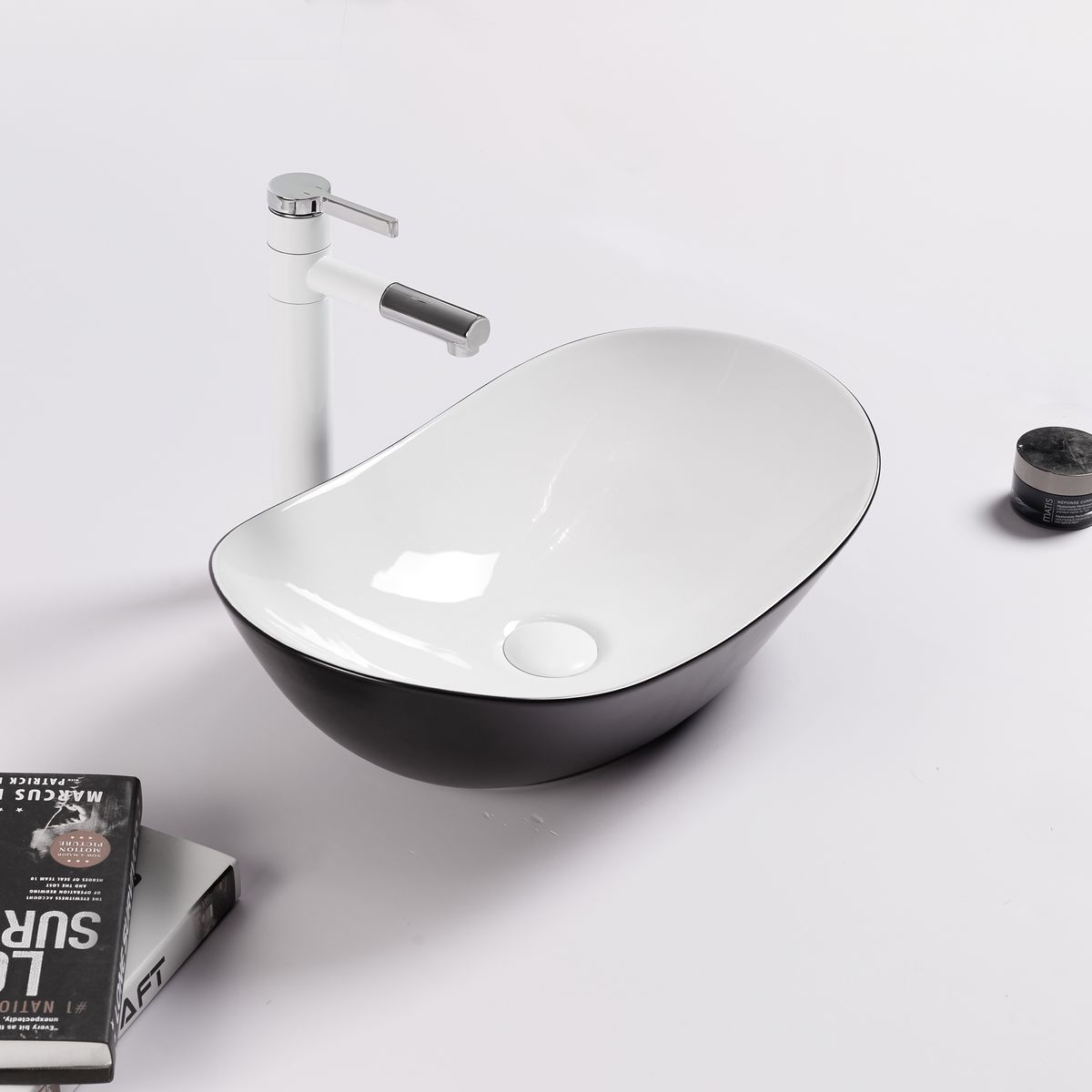 SENSI DACQUA - Lavamanos de Cerámica Ovalado 52.5x16x32.5 cm Blanco y Negro Mate