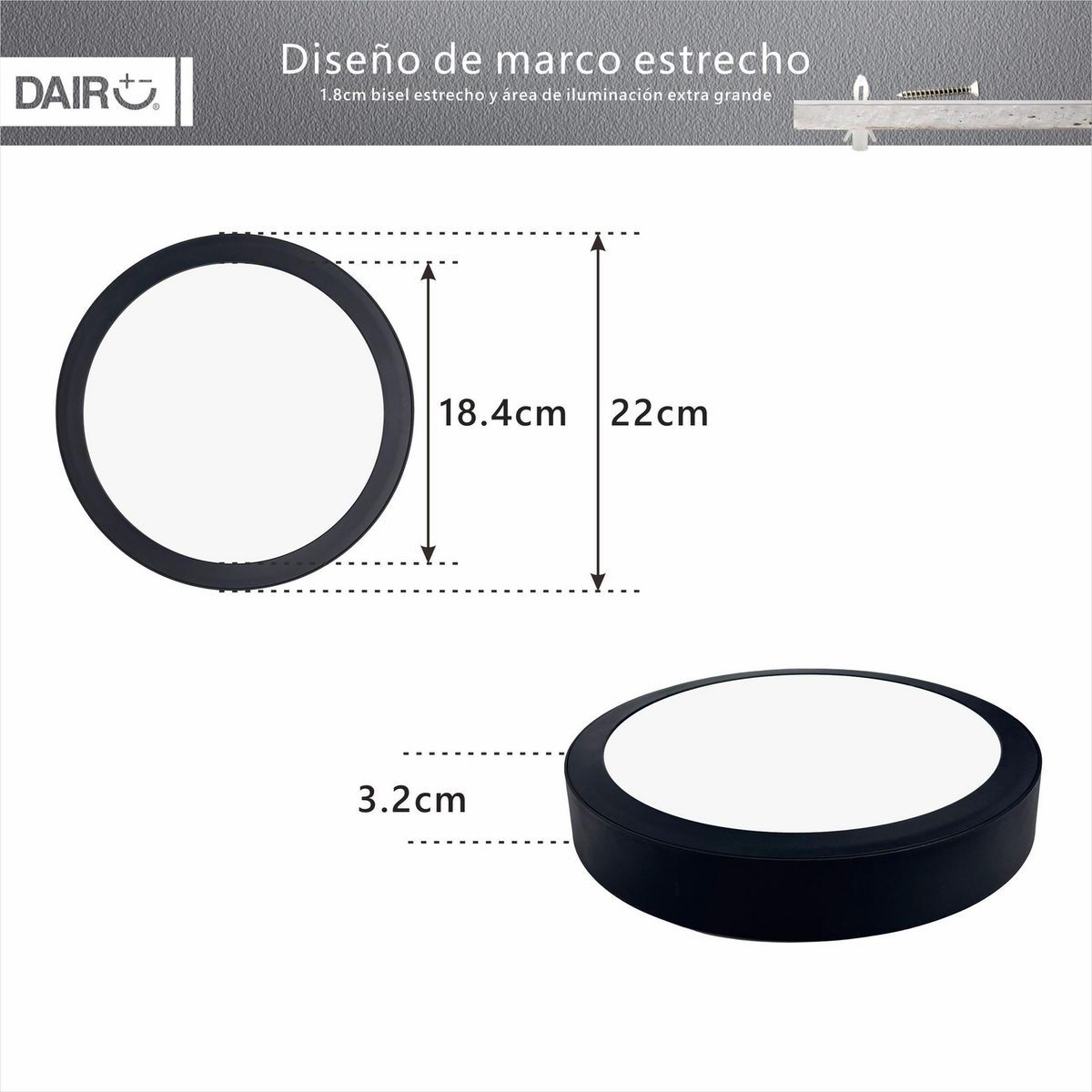 DAIRU - Panel LED Circular Sobremontaje 18W Luz Fría Negro